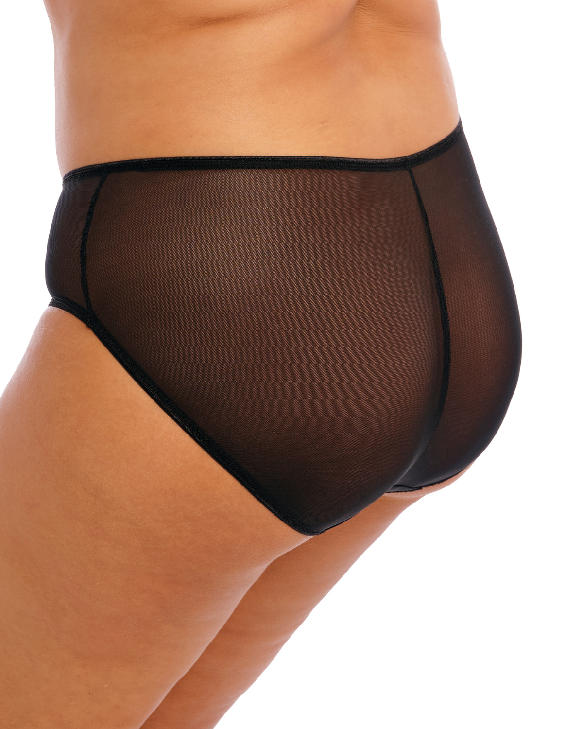Model wearing a full brief panty with mesh inserts and beaded embroidery in black