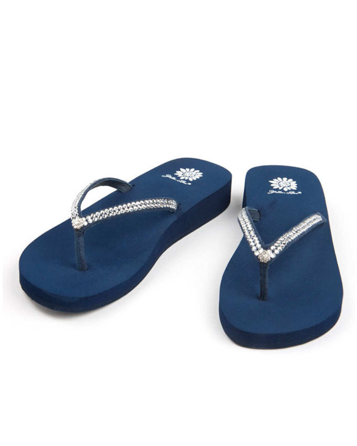 Women's blue wedge sandal with rhinestones on the strap.