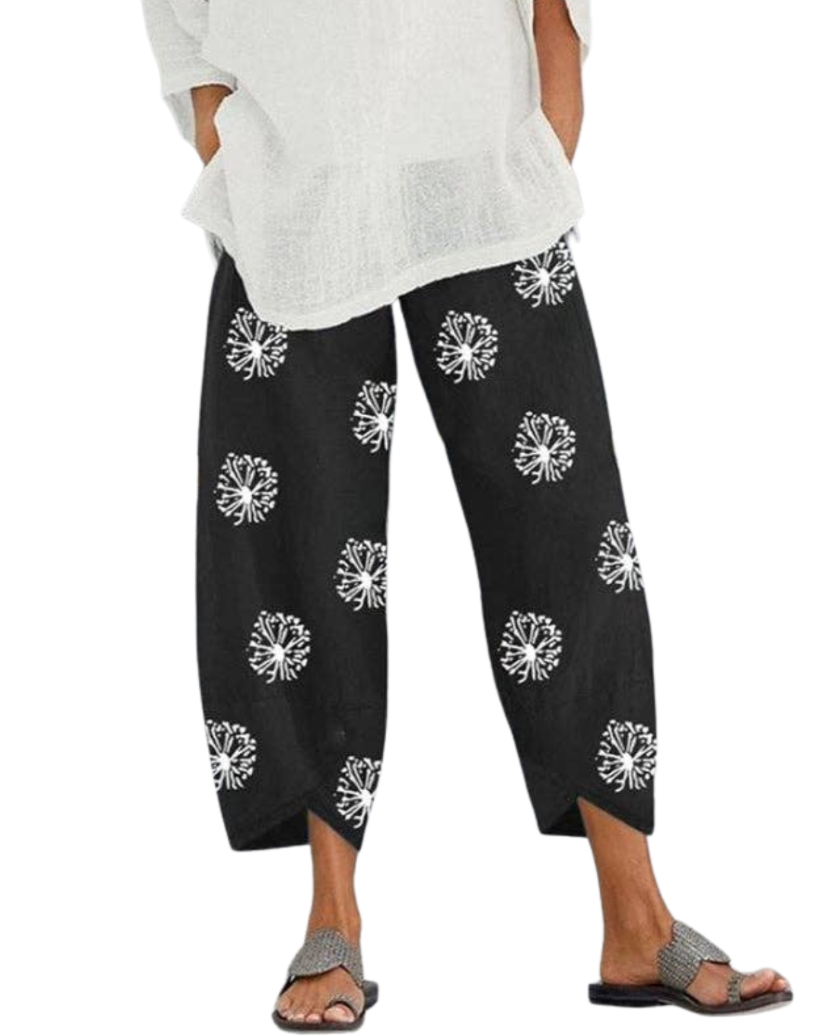 Sheer Trend Plus Size Loose Flower Print Split Joint Cover Up Pants with Pockets - 16766