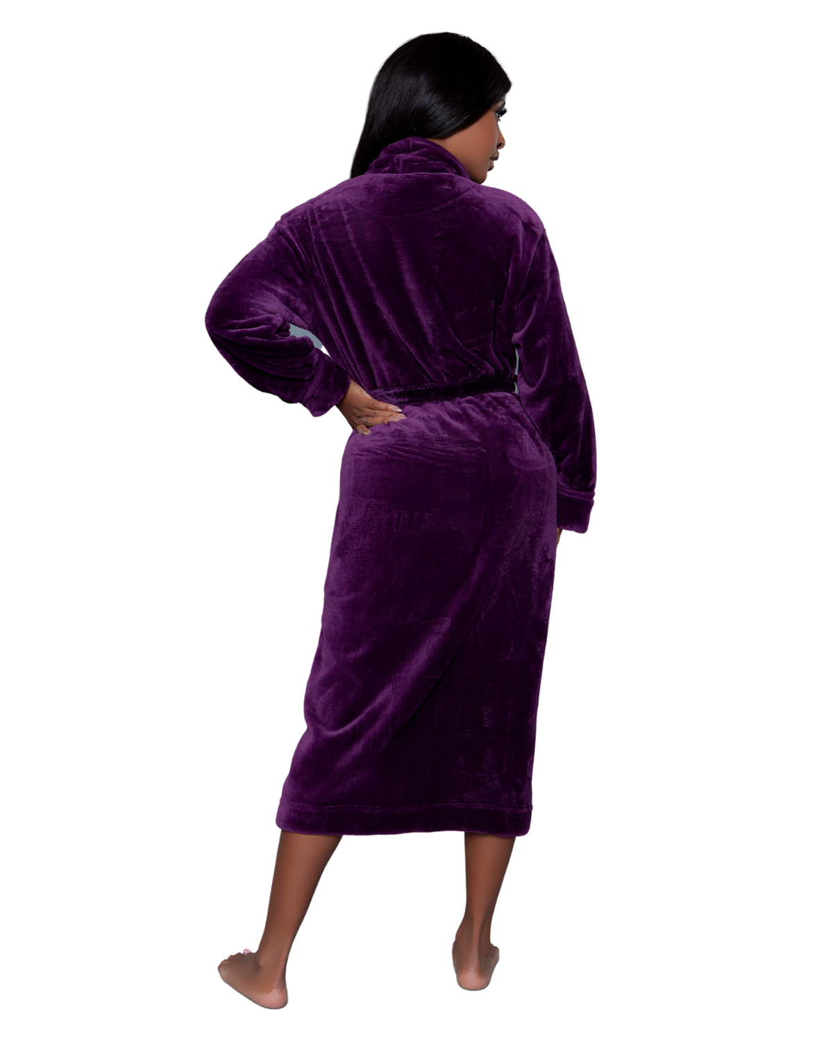 Model wearing a long plush robe in purple