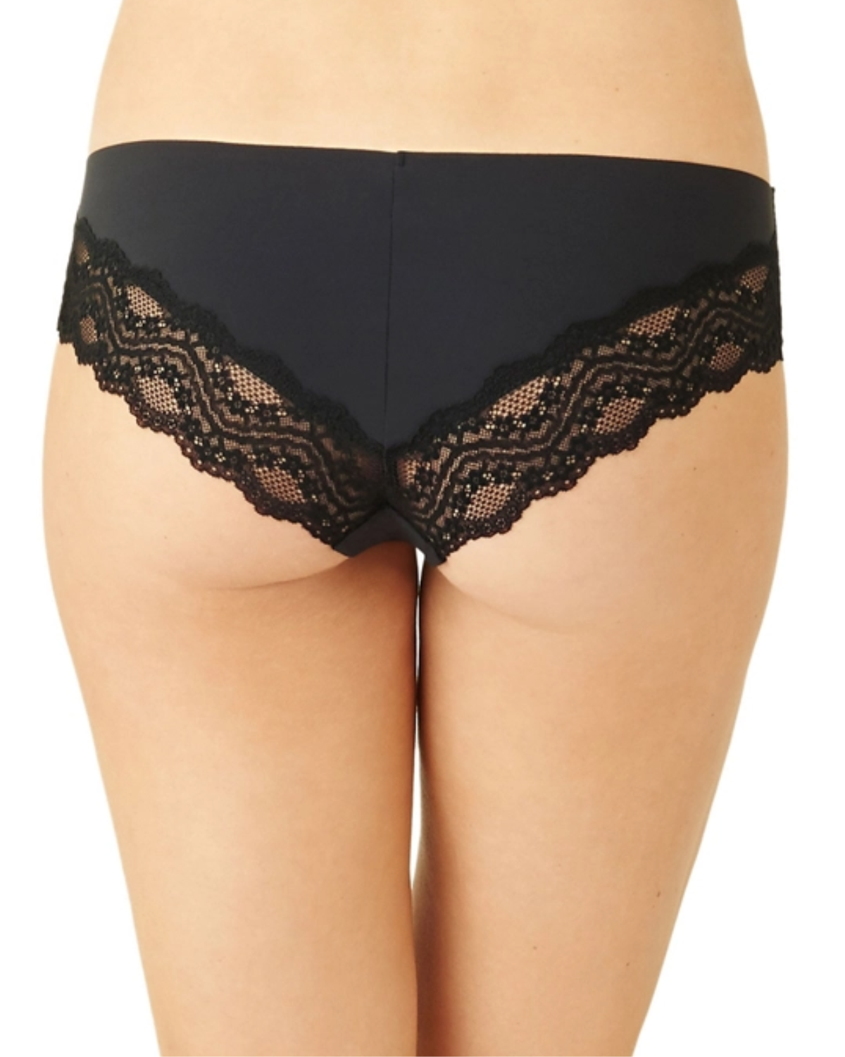 Women's black seamless hipster panty with cheeky lace back.