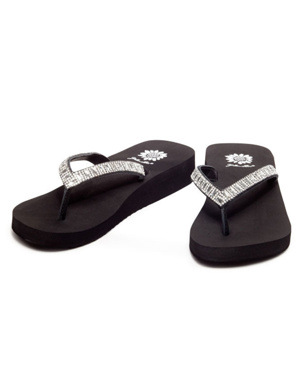 Women's black wedge sandal with rhinestones on the straps.