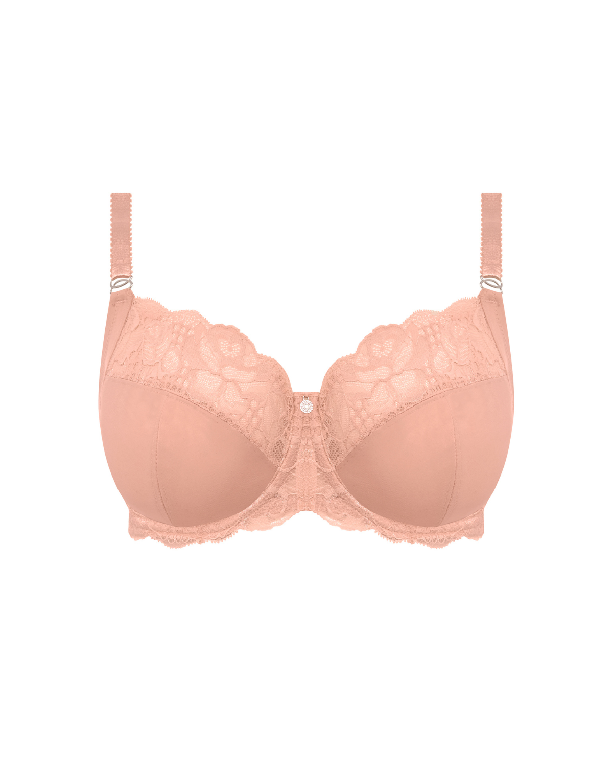 Model wearing a soft cup lace underwire bra in beige/ nude