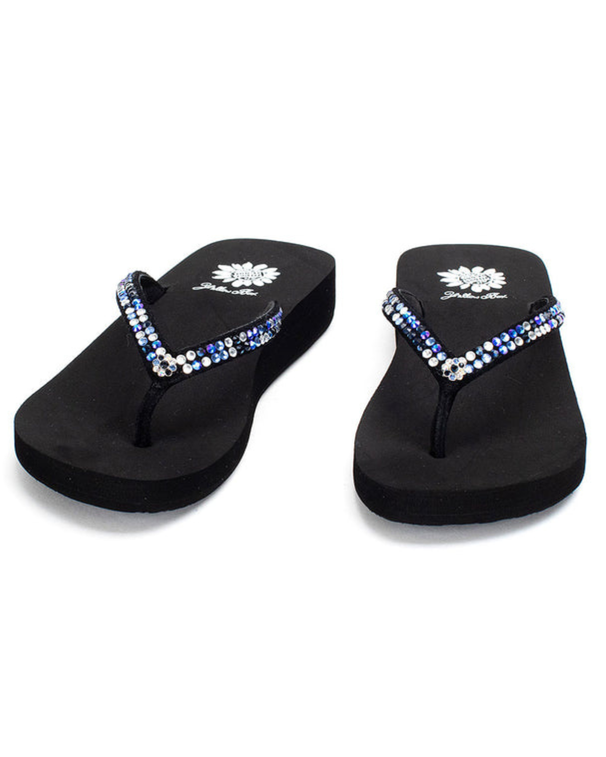 Women's black wedge sandal with multicolored rhinestones on the strap.