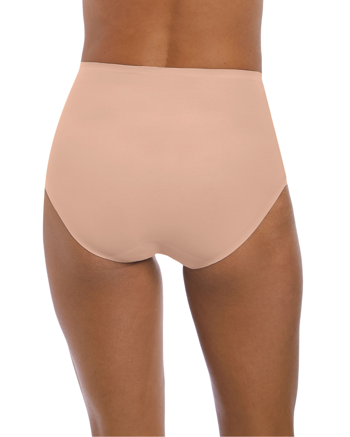 Model wearing a seamless stretch full brief in natural beige