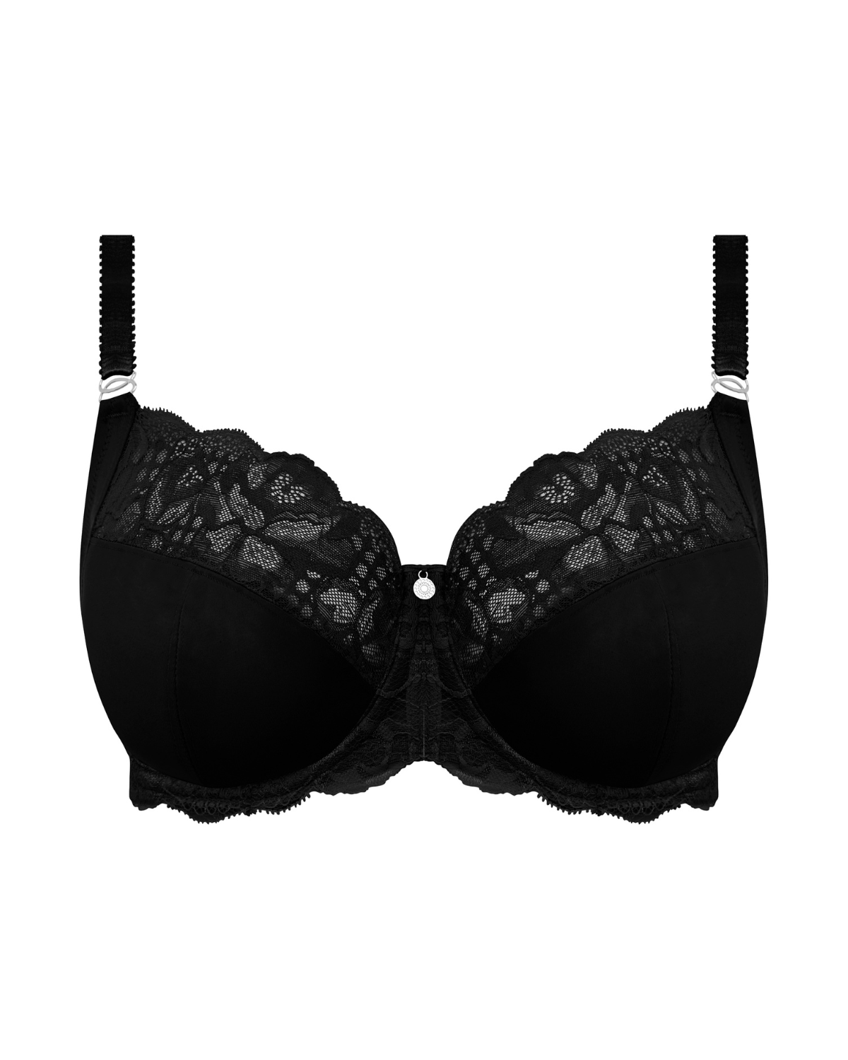 Flat lay of a soft cup lace underwire bra in black