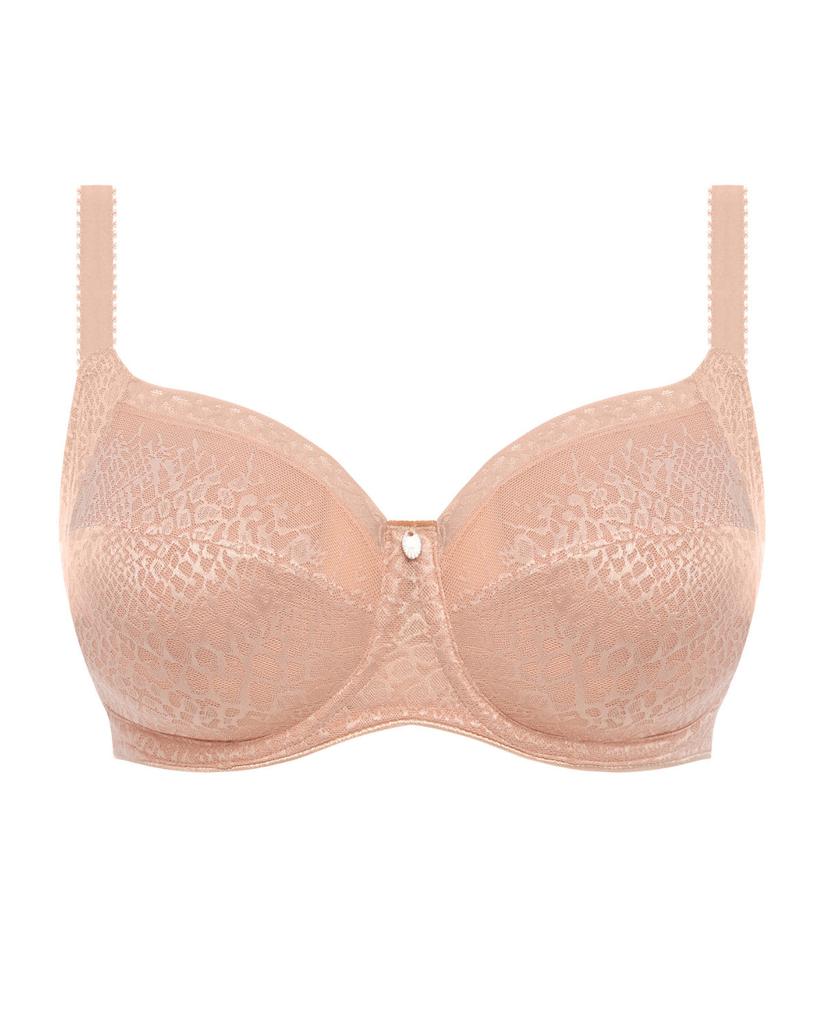 Model wearing a soft cup stretch underwire bra in beige