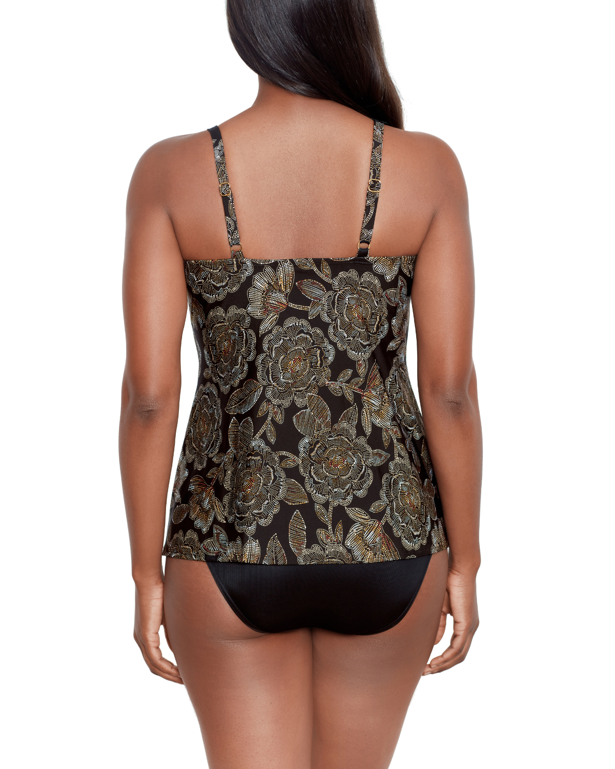 Model wearing a tankini top with hidden underwire in a black, gold, and brown paisley print