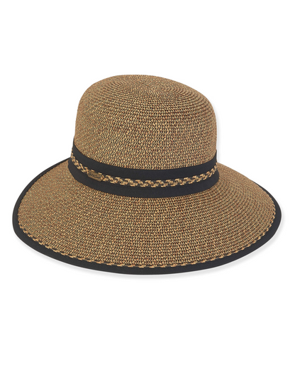 Paper braid backless hat in brown with a black trim