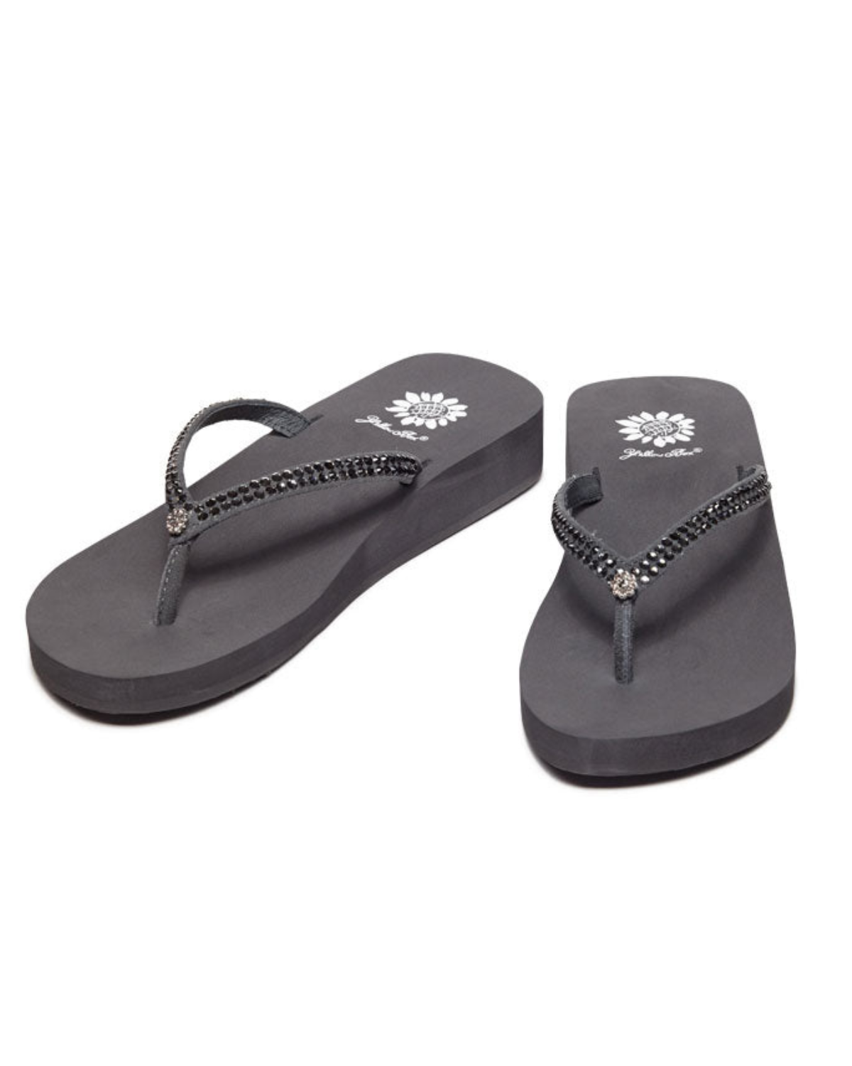 Women's grey wedge sandal with black rhinestones on the strap.