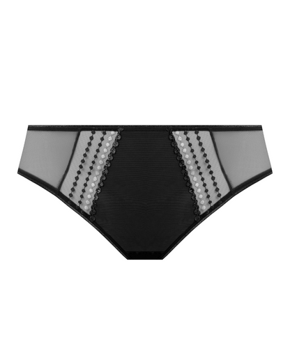 Flay lay of a full brief panty with mesh inserts and beaded embroidery in black 