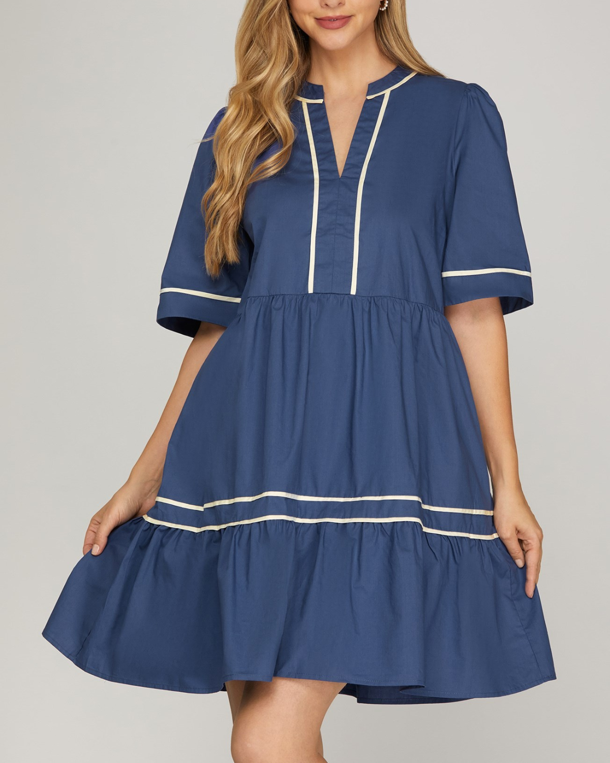 Sung Light Clothing Short Sleeve Tiered Solid Mini Dress - LVE2470 Navy / Large Sung Light Clothing Short Sleeve Tiered Solid Mini Dress - LVE2470 Navy / Large