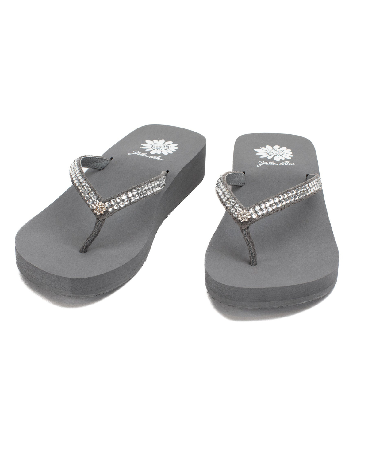 Women's grey wedge sandal with rhinestones on the strap.