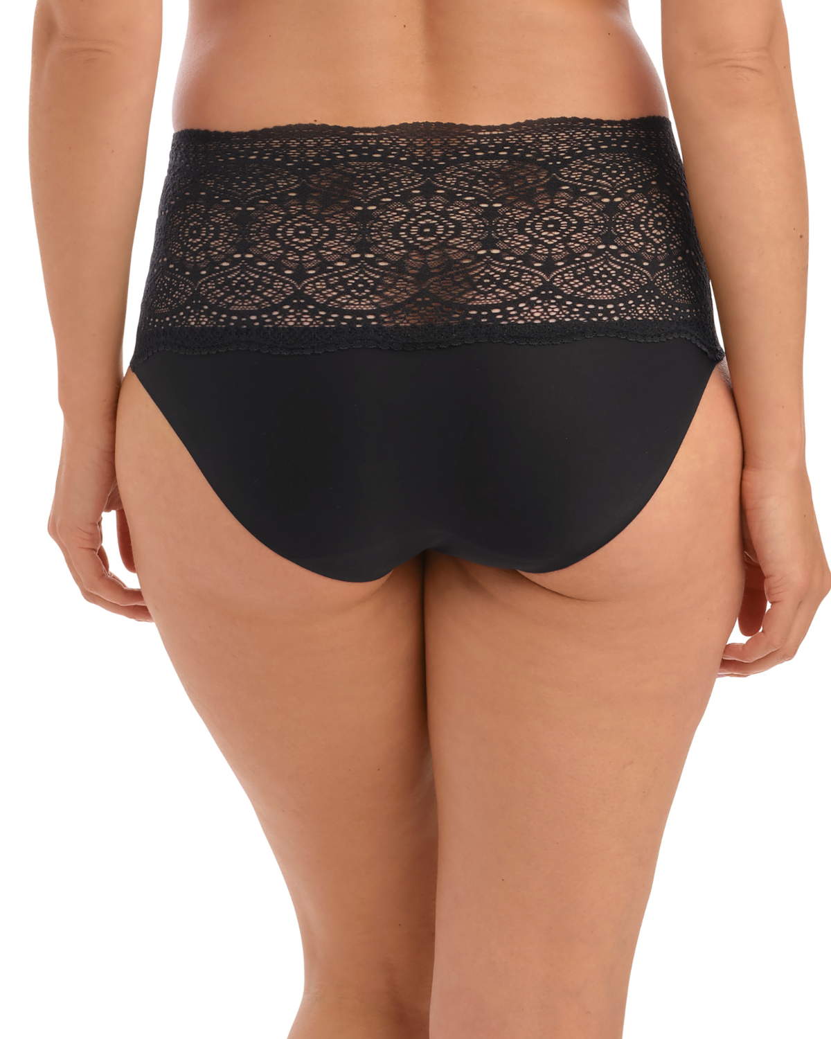Model wearing a wide lace band brief panty in black