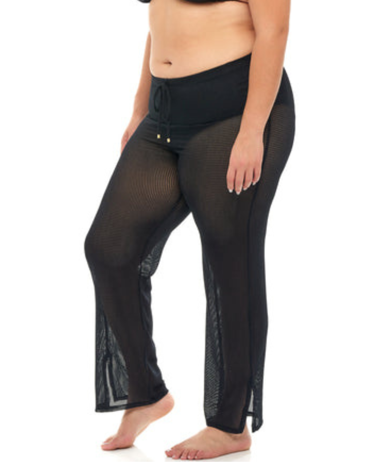 Model wearing a cover up pant in black