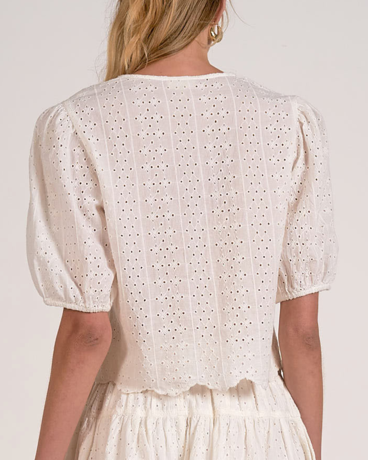 Elan Eyelet Puff Sleeve Crop Top - EL11672