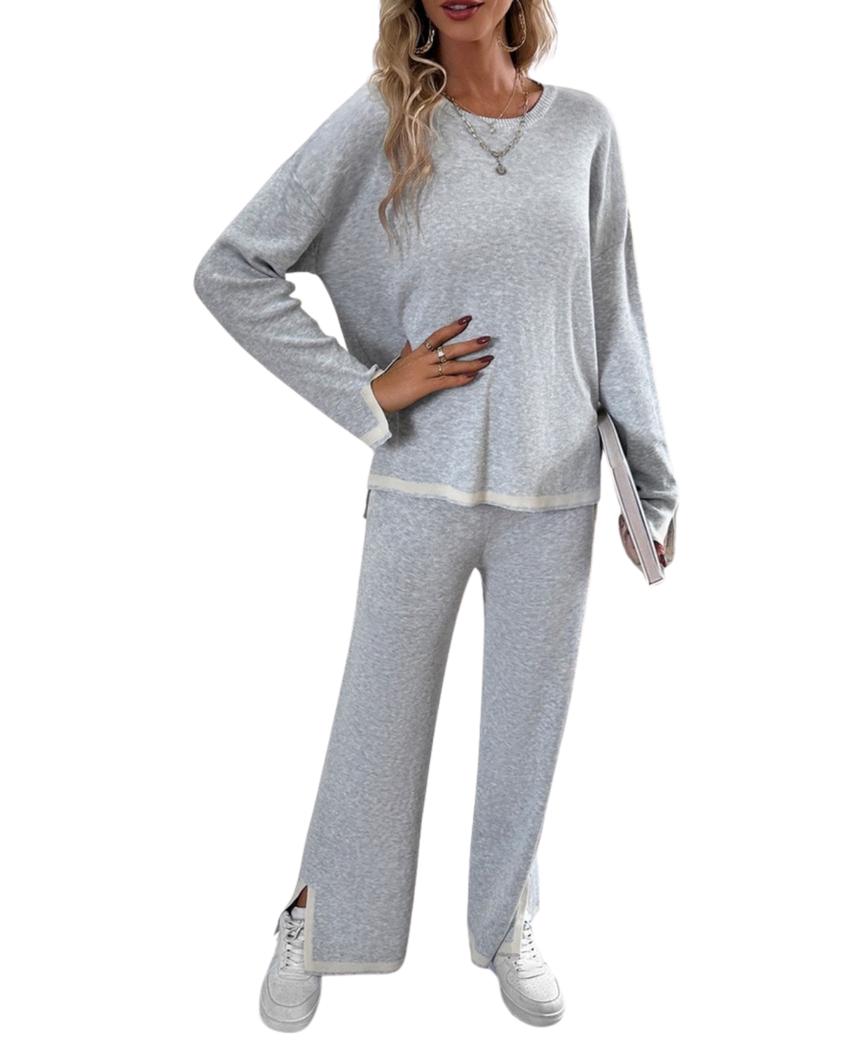 NINEXIS Round Neck Long Sleeve Sweater Pants Set - CWSTB0346