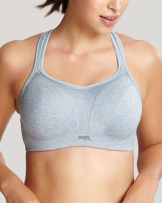 Model wearing an underwire sports bra in grey