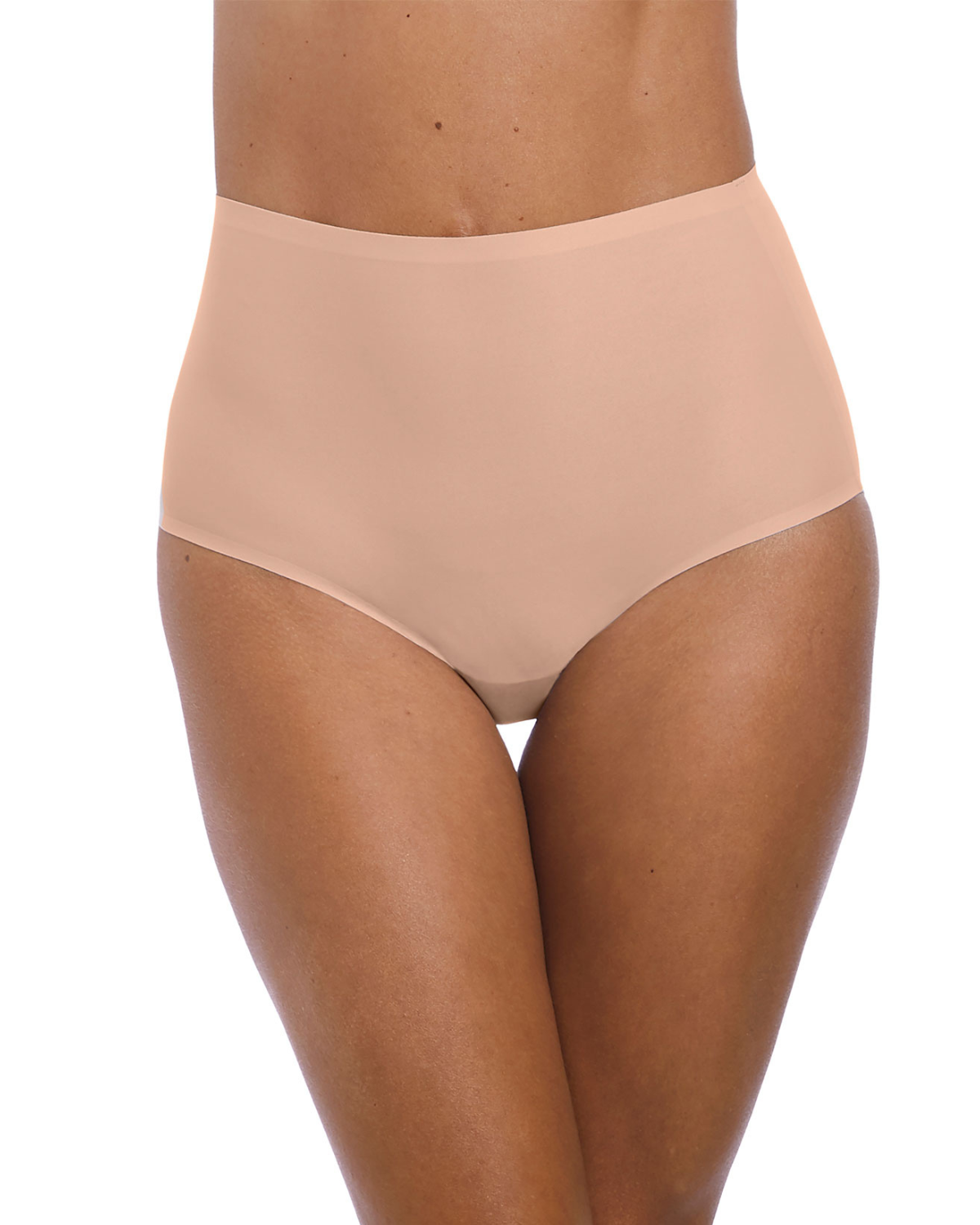Model wearing a seamless stretch full brief in natural beige