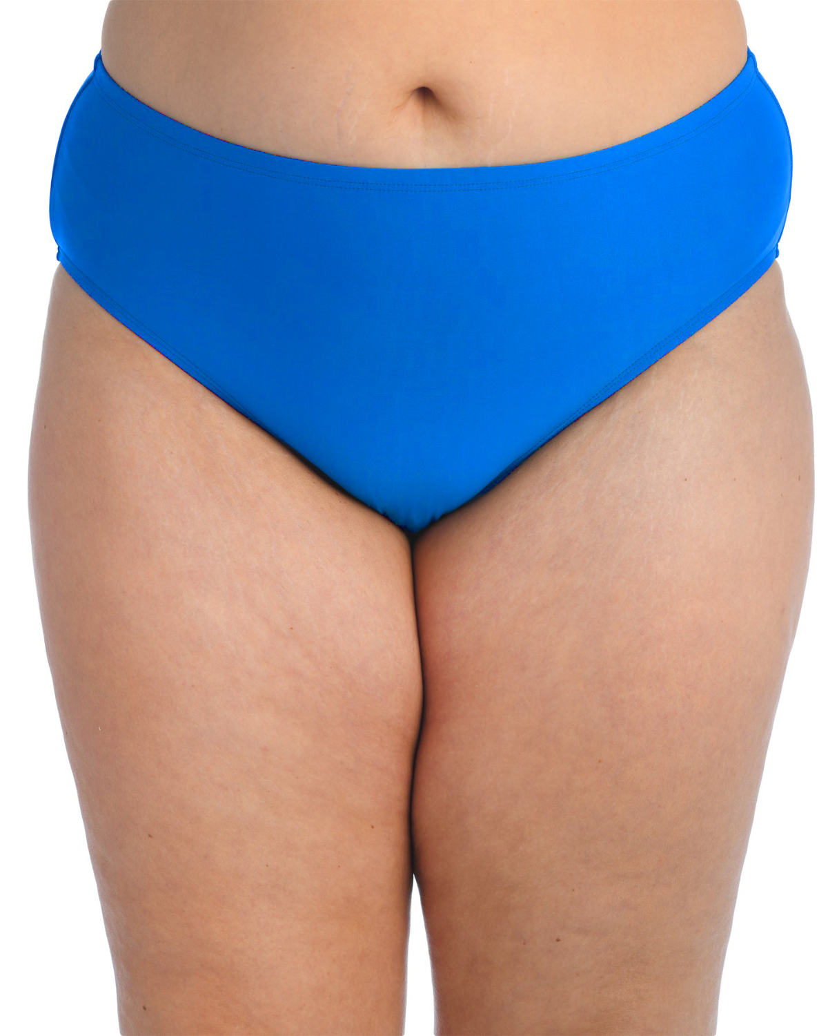 Plus size model wearing a full pant bikini brief in coblat