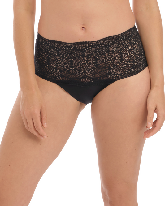 Model wearing a wide lace band brief panty in black