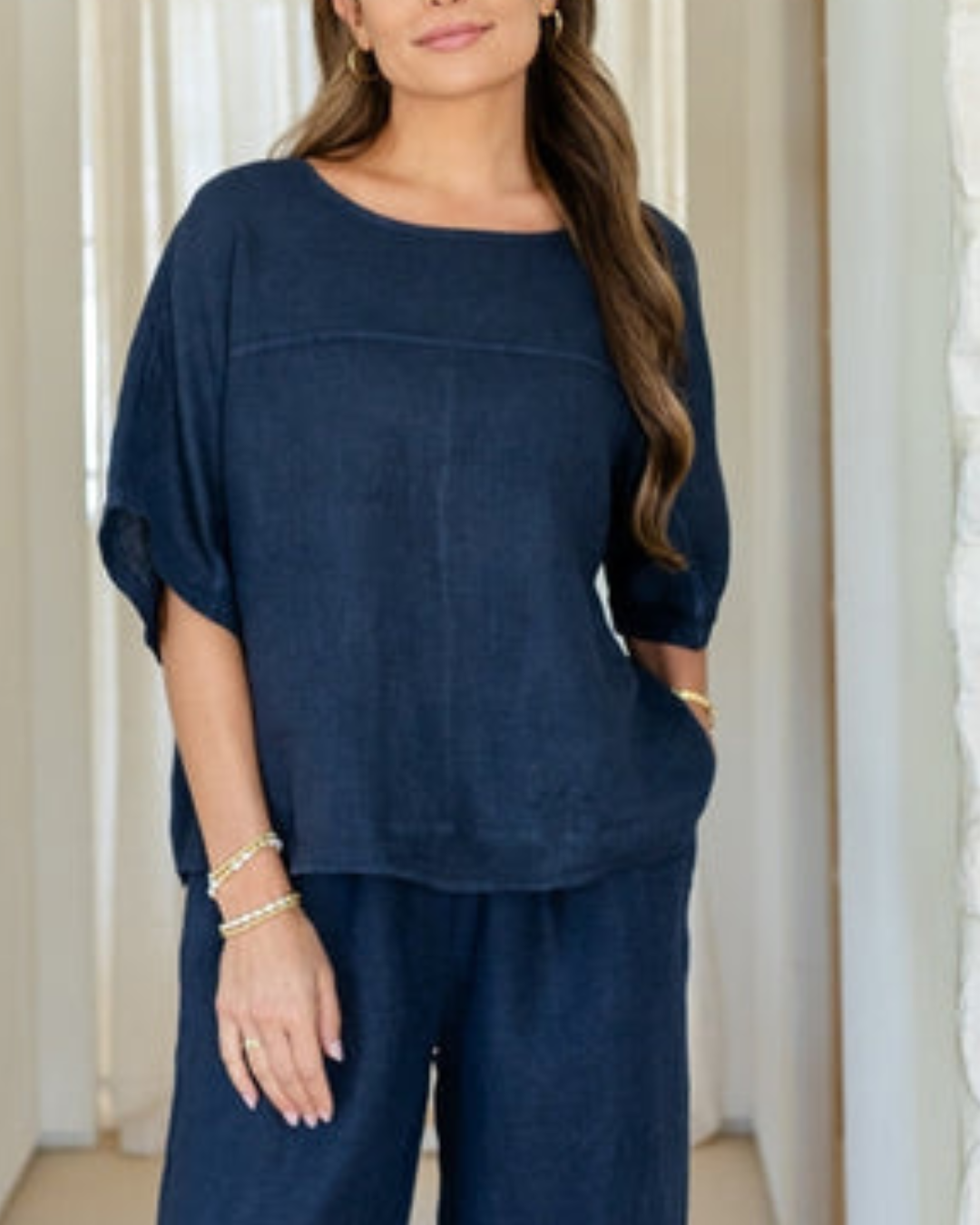 Splendid Iris Linen Wide Mid Sleeve Top - 21-233