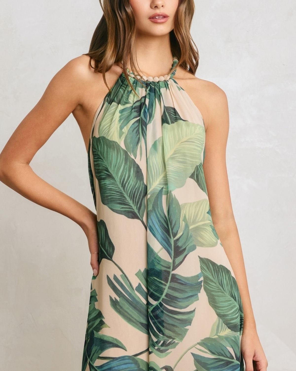 Dress Forum Tropical Leaf Beaded Halter Fluid Dress - FD14111