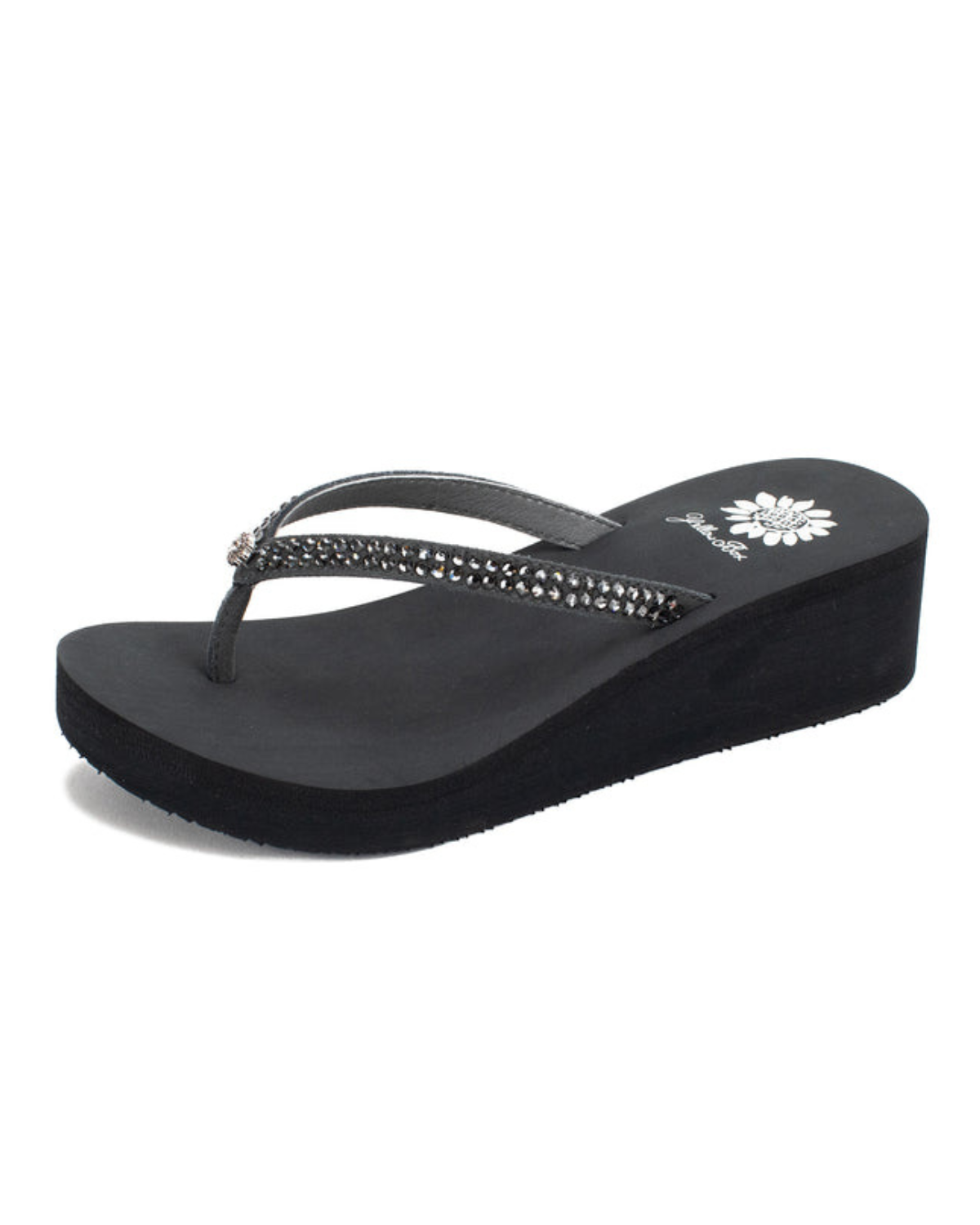 Front side view of a grey wedge sandal with rhinestones on the strap on a white backdrop. The sandal has 1.75" heel height and 0.75" platform height.
