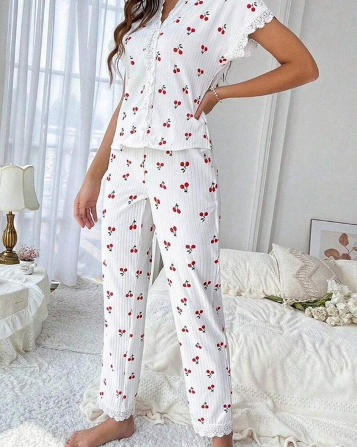 NINEXIS Print Lace Trim Short Sleeve Pajama Set - CWSPJOO468