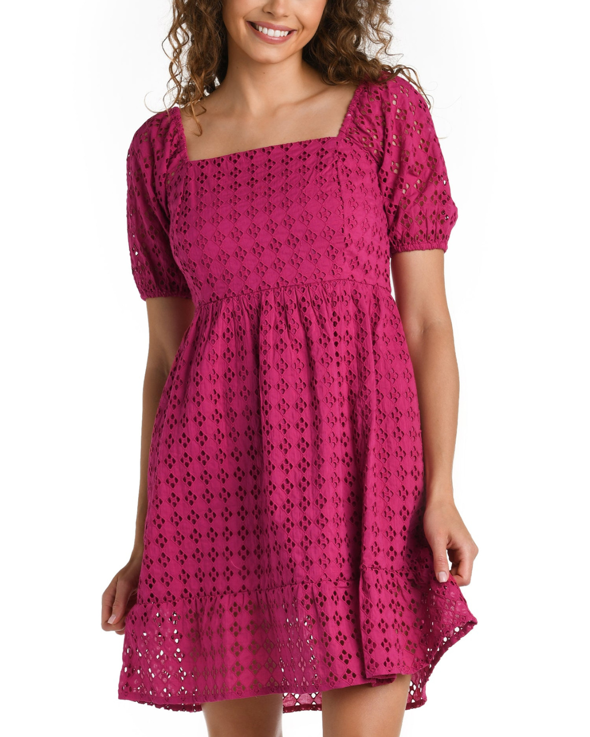 Model wearing a short sleeve cover up dress in pink
