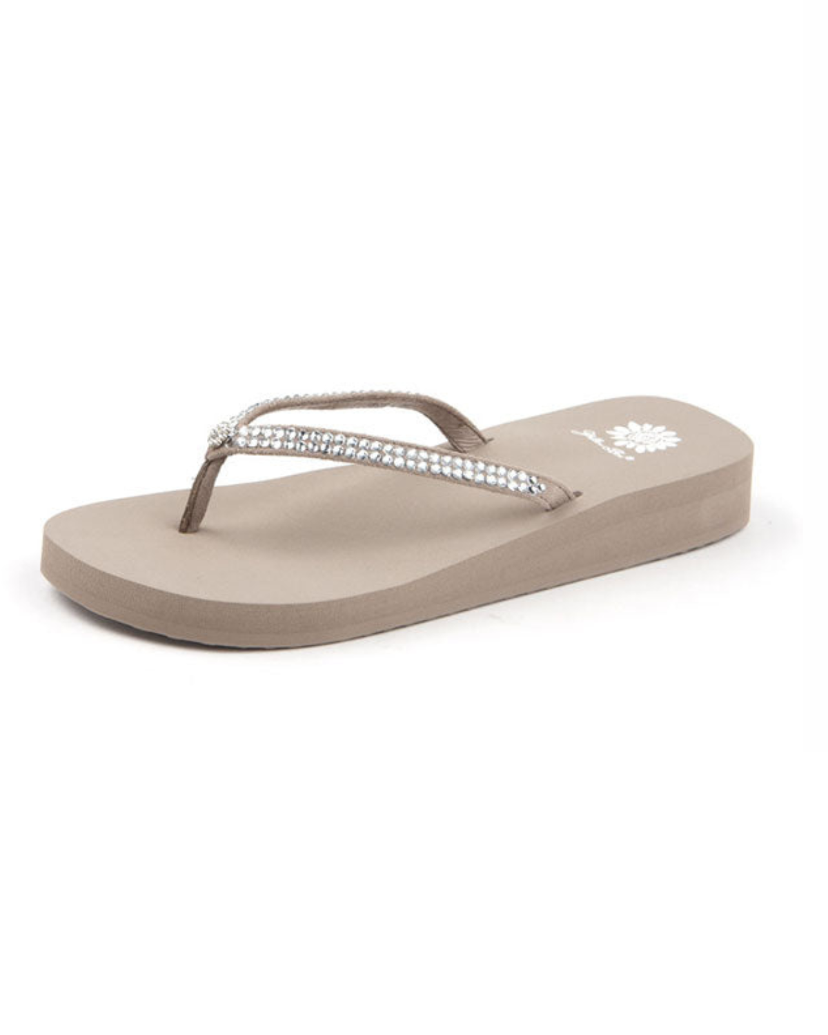 Women's taupe wedge sandal with rhinestones on the strap.