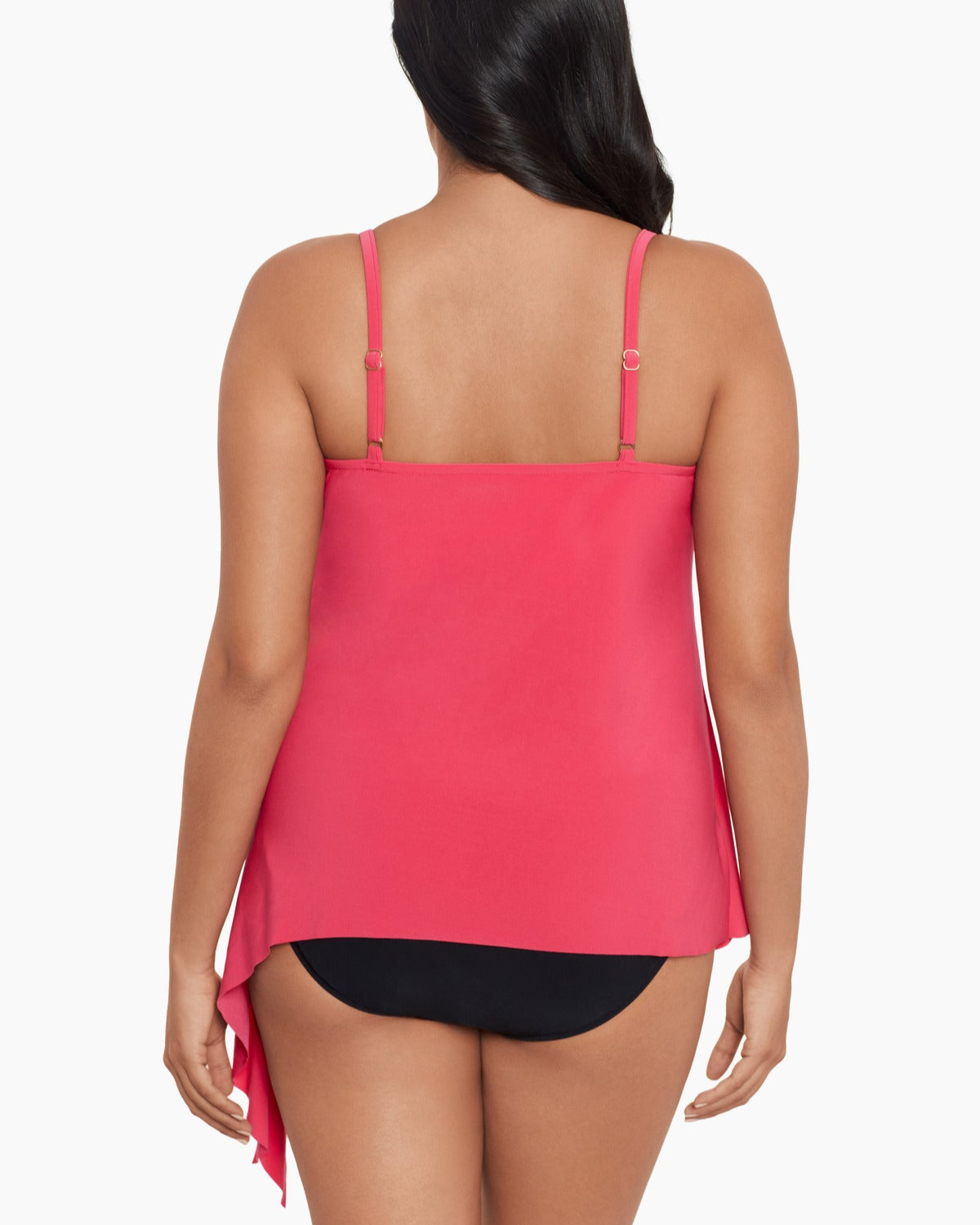 Model wearing a tankini top in black with hidden underwire, tie side and adjustable straps in coral pink