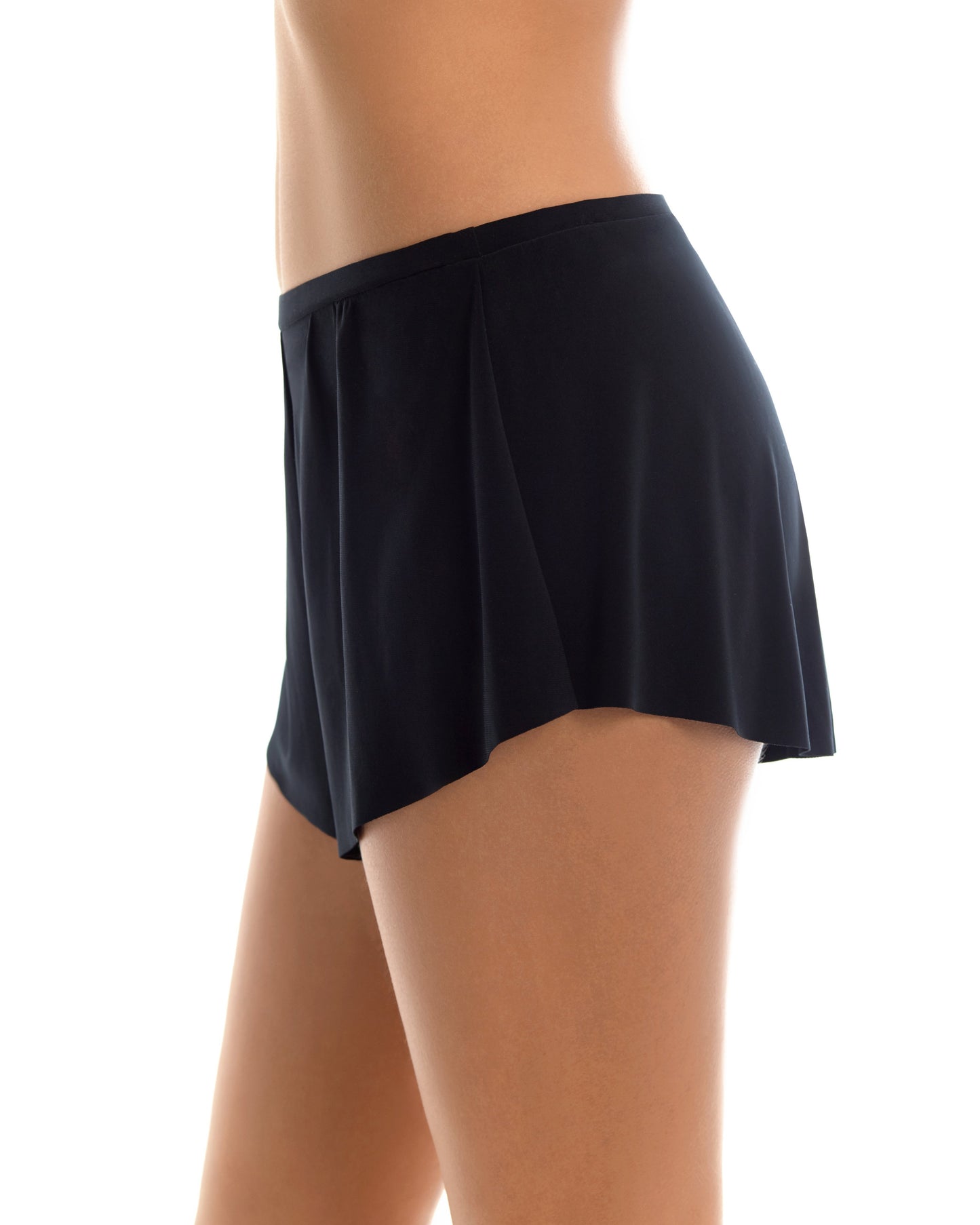 Model wearing a tap style swim short in black