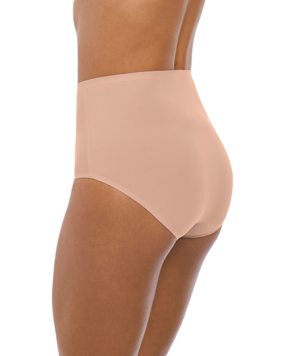 Model wearing a seamless stretch full brief in natural biege