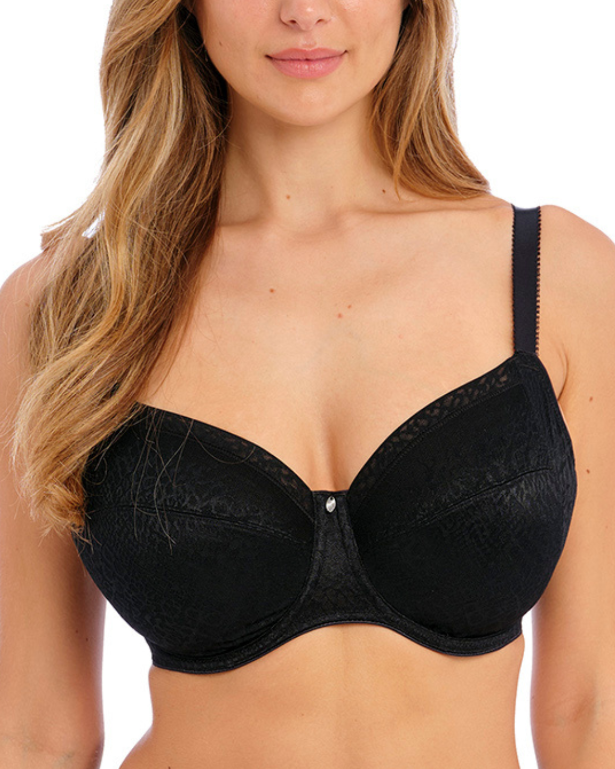 Model wearing a soft cup stretch underwire bra in black