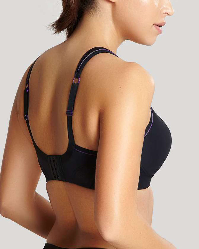 Model wearing a wire free sports bra in black