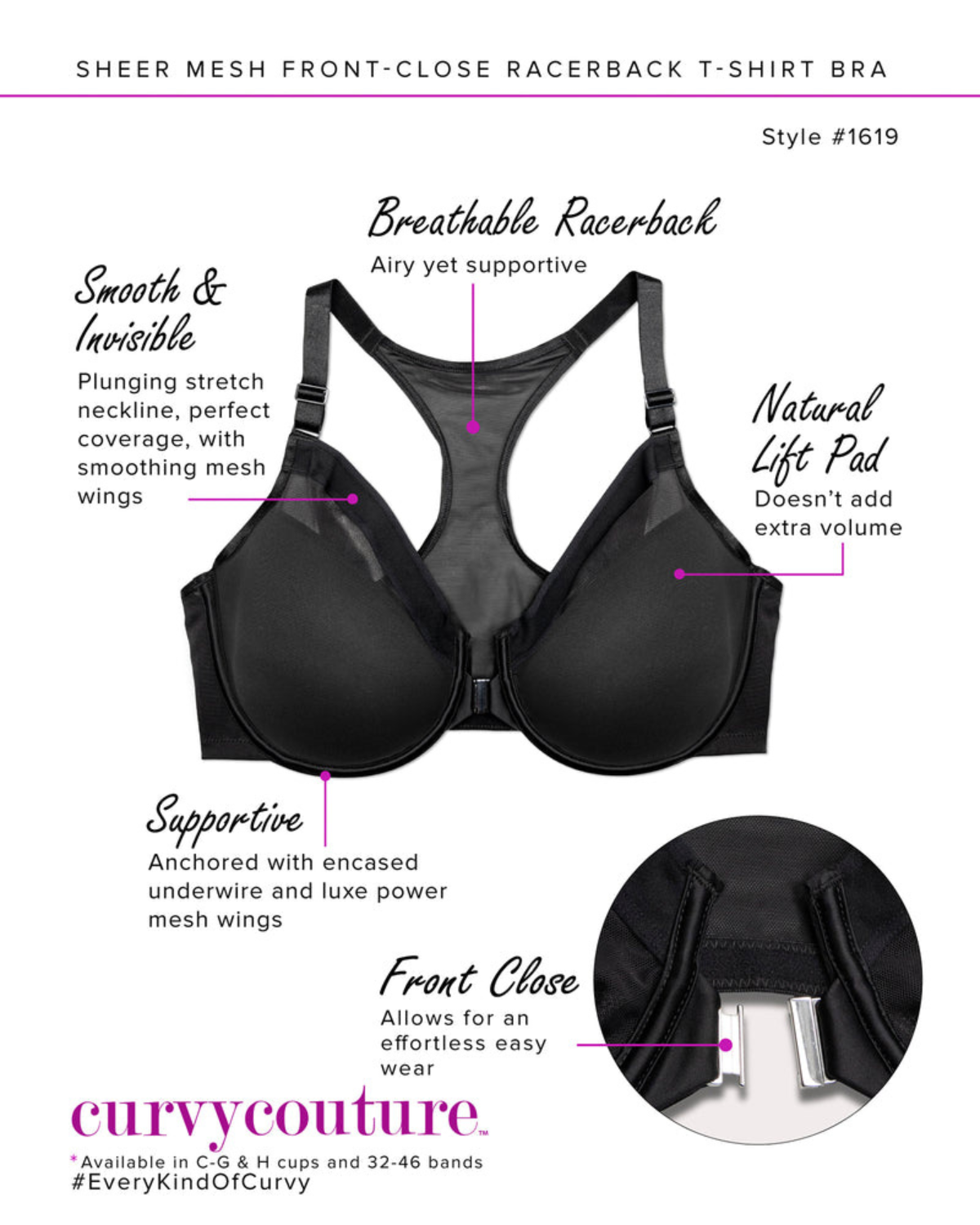 Curvy Couture Sheer Mesh Front-Close Racerback T-Shirt Bra - 1619 - Black