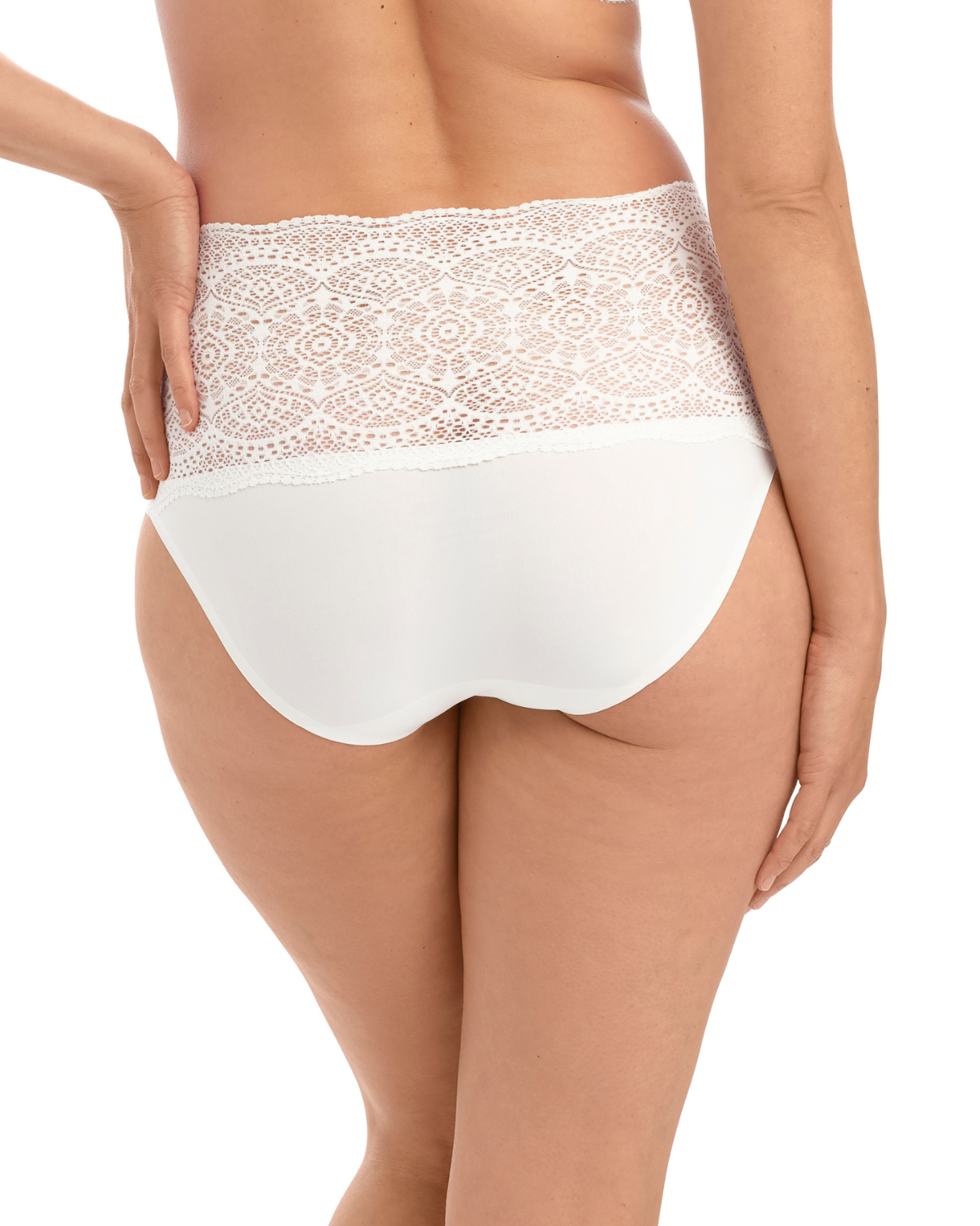 Model wearing a wide lace band brief panty in white