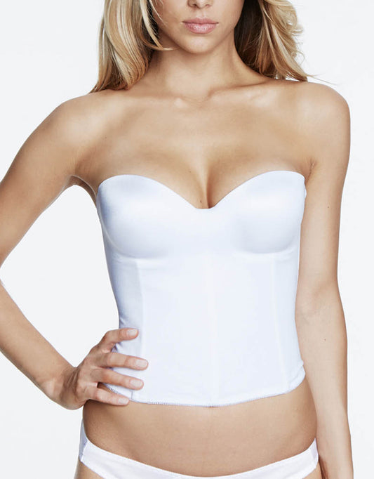 Model wearing an underwire longline corset in white