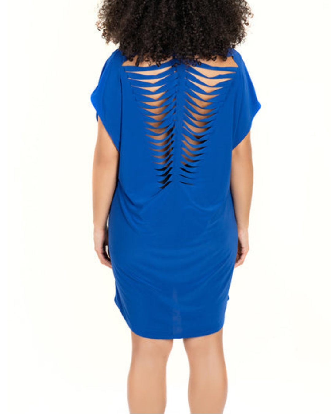 Model wearing a v-neck tunic with back cut out details in royal blue