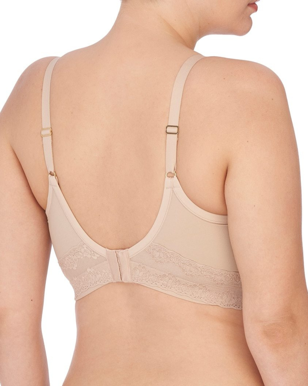 Model wearing a wire free t-shirt bra with a lace band in nude