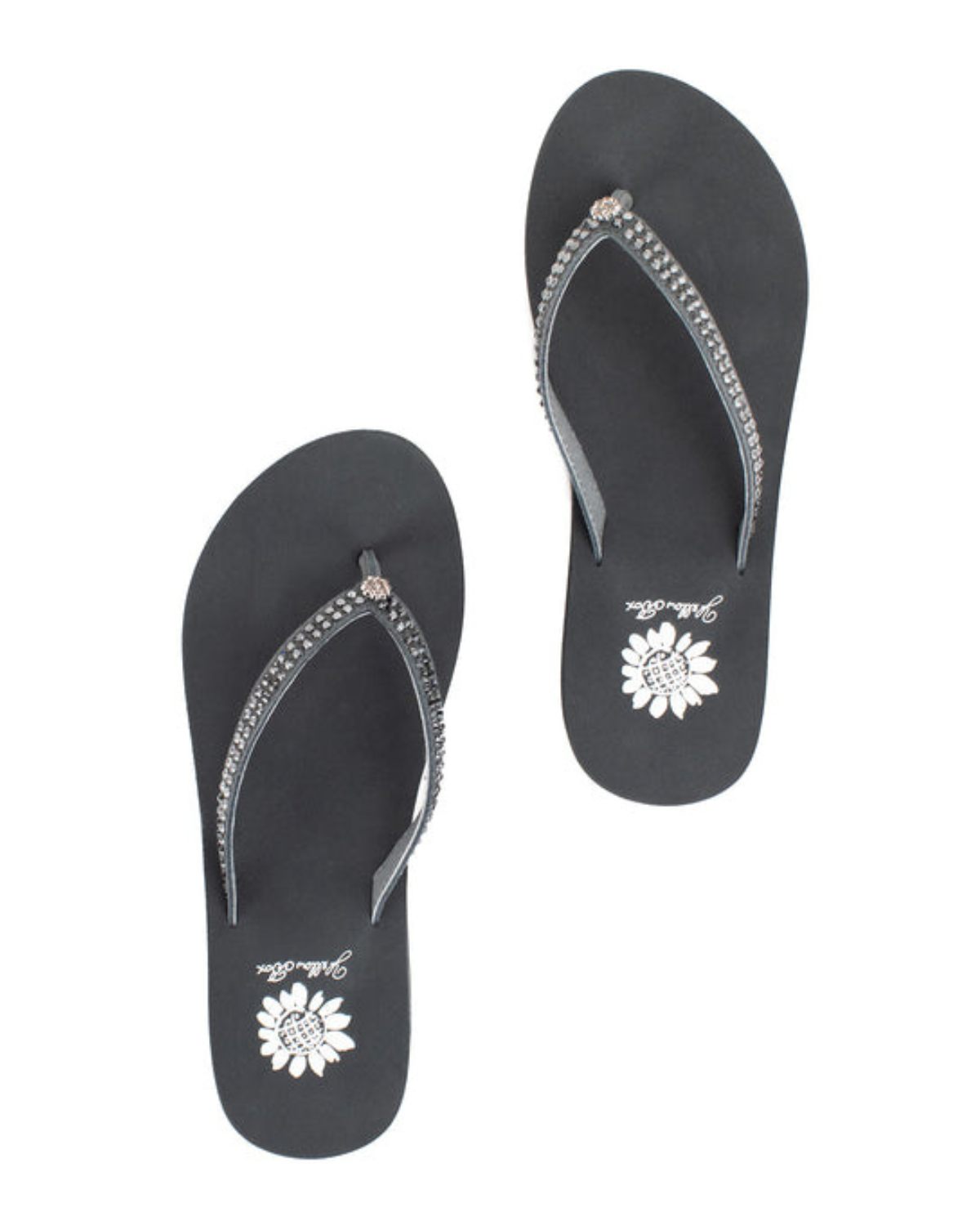 Top view of a pair of grey wedge sandals with rhinestones on the strap on a white backdrop. The sandal has 1.75" heel height and 0.75" platform height.