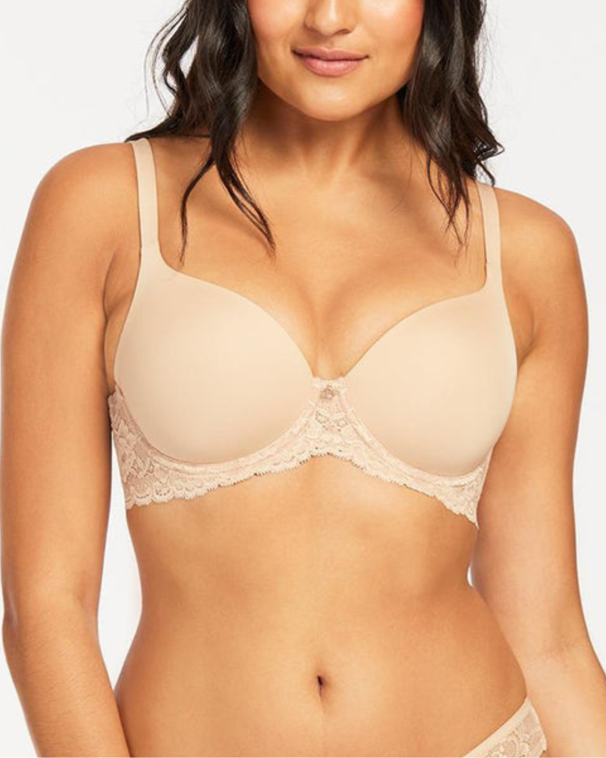 Model wearing a molded t-shirt underwire bra with lace side wings in beige
