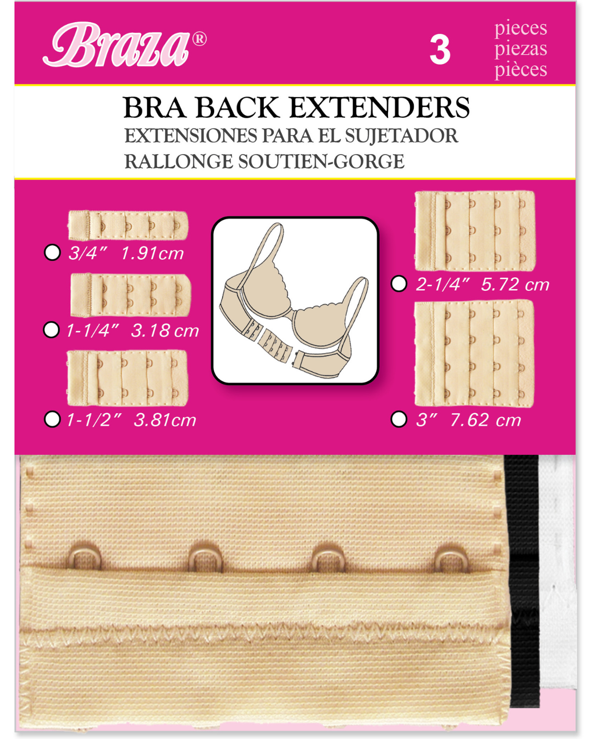 Braza 4 Hook Bra Extenders - 3 PC - Assorted - 50424