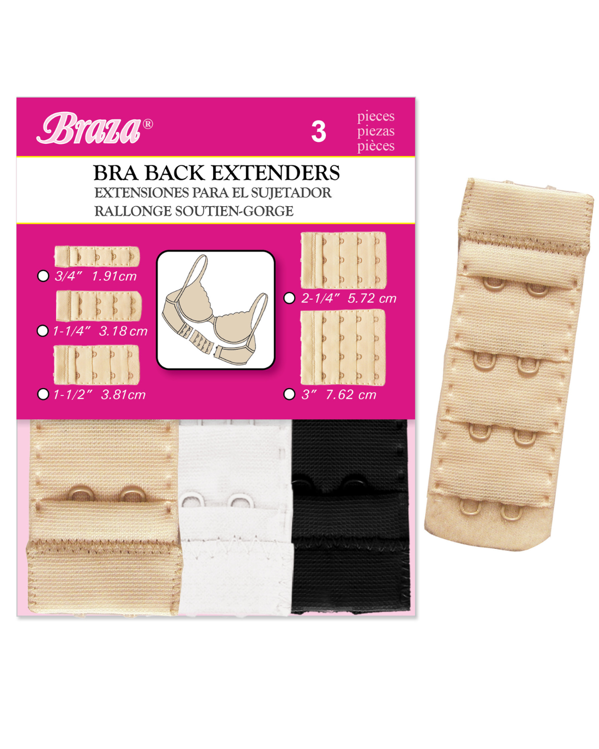 Braza 2 Hook Bra Extenders - Narrow - 3 PC - Assorted - 50425