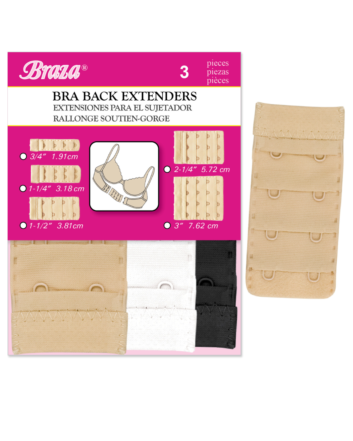 Braza 2 Hook Bra Extenders - Wide - 3 PC - Assorted - 50421