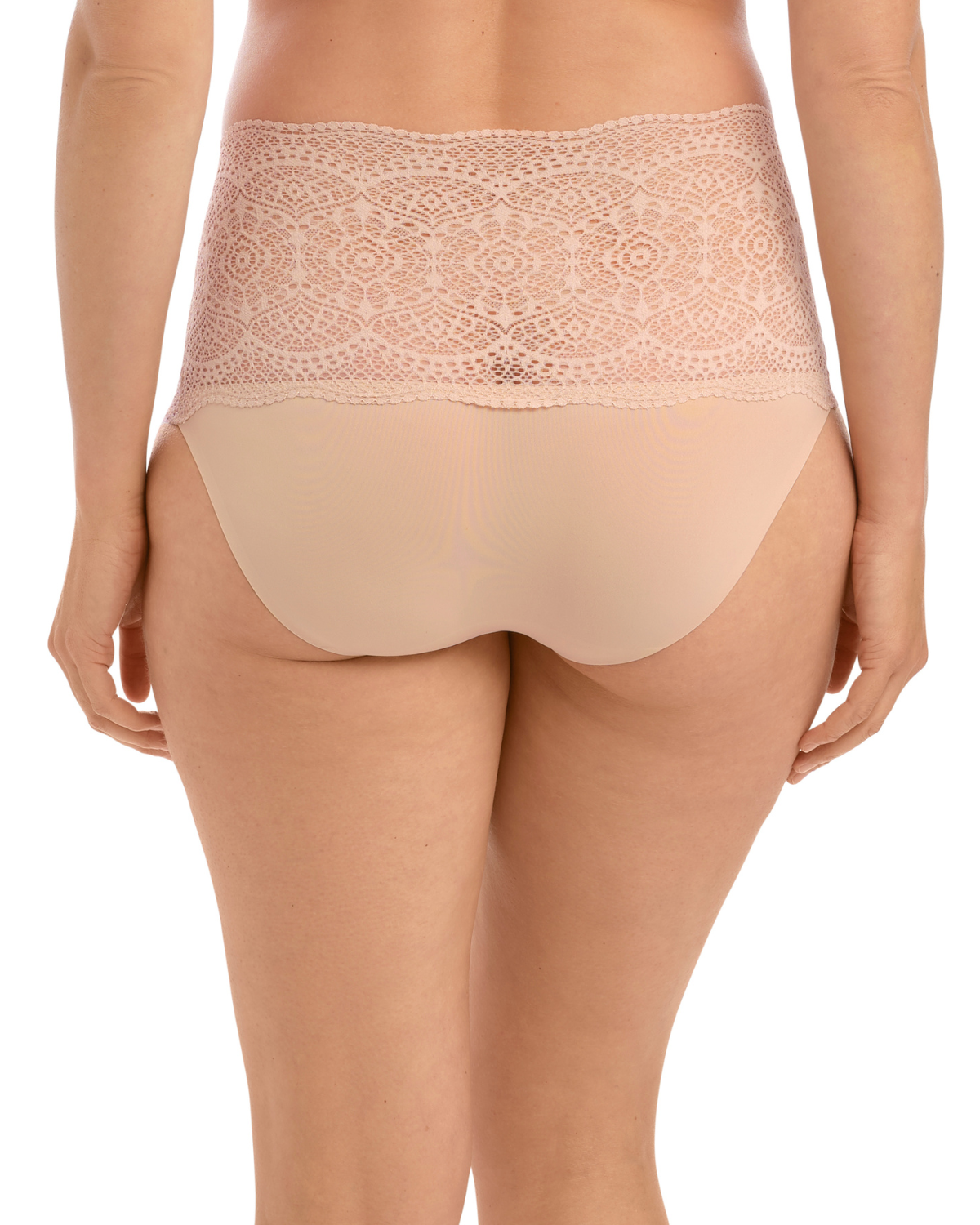 Model wearing a wide lace band brief panty in beige