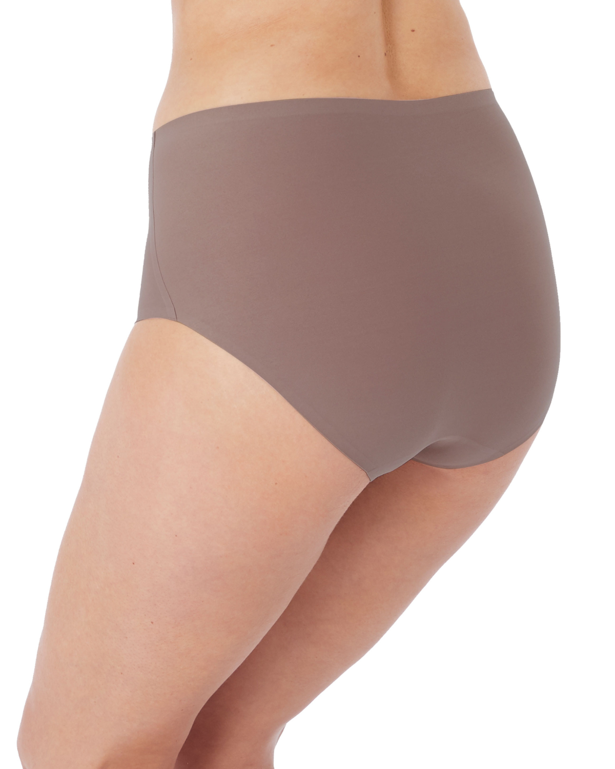 Model wearing a seamless stretch full brief in taupe