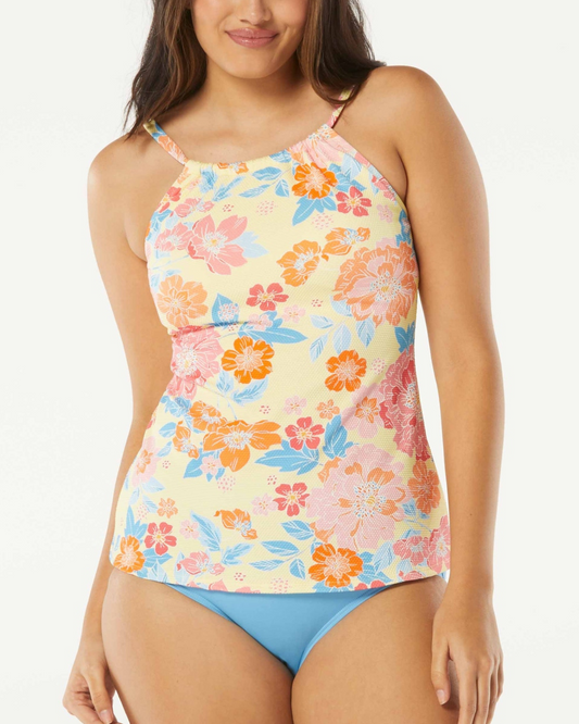 Model wearing a high neck tankini top in a yellow, orange, pink and blue floral print