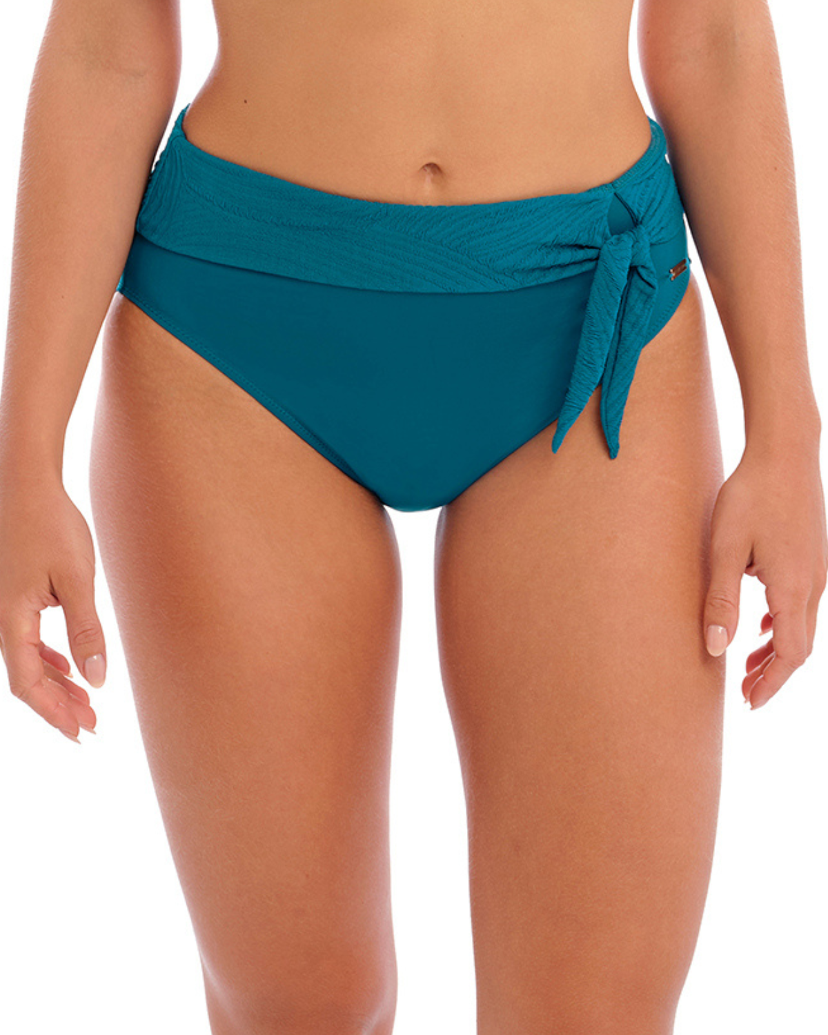 Model wearing a high waist bikini bottom with a side tie in blue